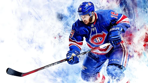 Hockey forward accelerates through abstract ice burst.