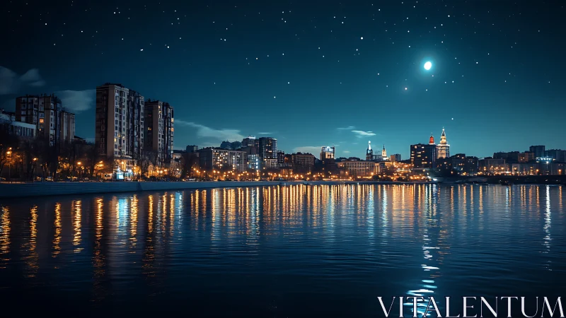 City skyline glows under a calm starry night by the water