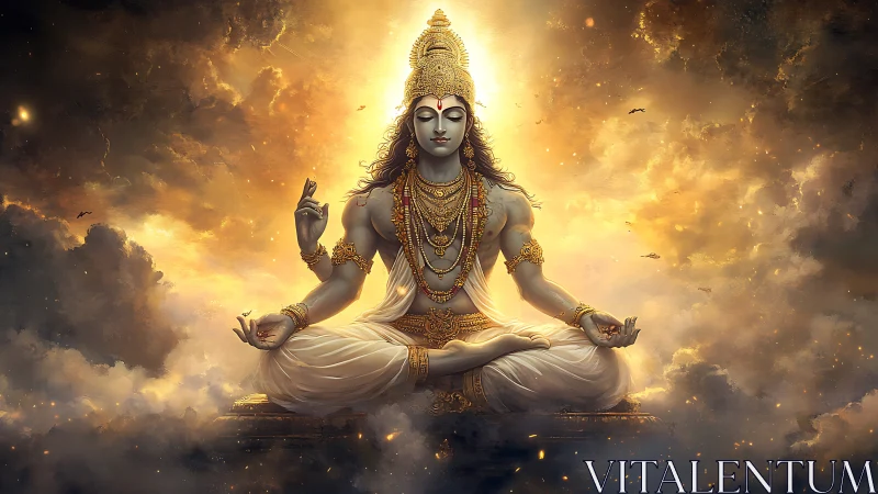 Divine meditative deity in luminous celestial clouds composition.