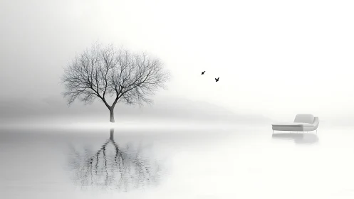 Solitary winter tree and modern chaise in misty reflective void