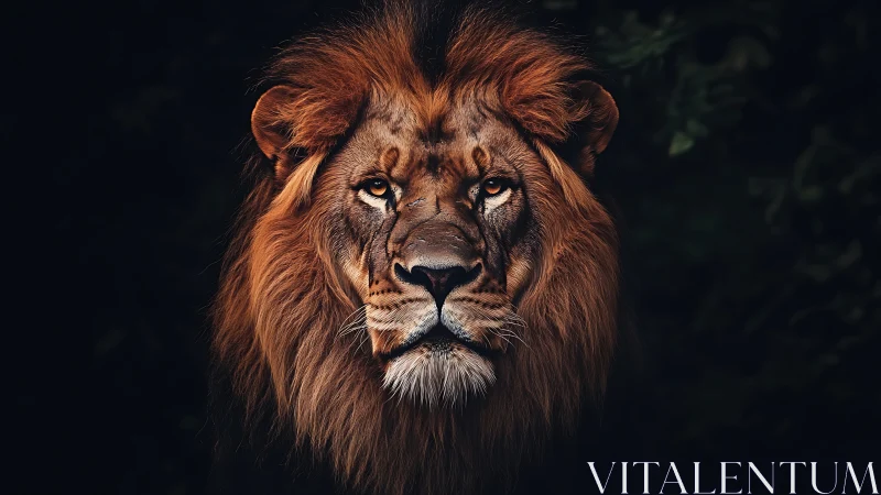 Male lion portrait with dark background and side lighting.