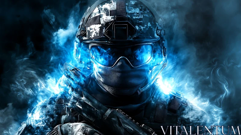 Electric soldier in swirling blue digital battle smoke.