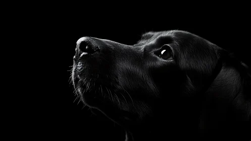 Side profile of black dog in high contrast low key lighting.