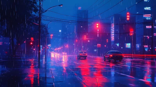 Neon-lit rainy city street with cars in motion at night.