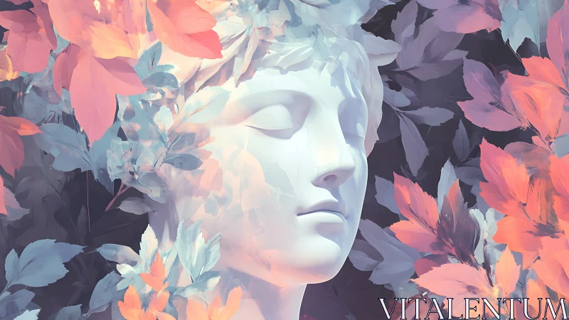 Marble-like facial sculpture is surrounded by layered foliage