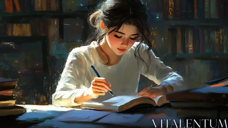 Young reader studying in warm library chiaroscuro lighting