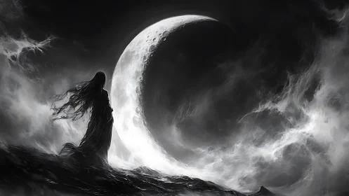 Silhouetted figure confronts crescent moon in stormy sky