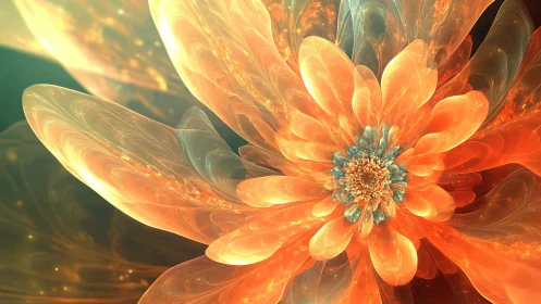 Luminous fractal flower with glowing orange translucent petals.