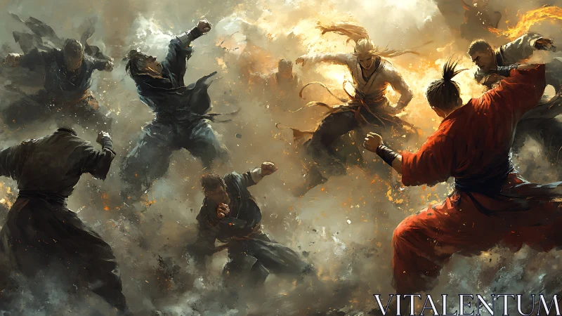 Martial warriors clash in a storm of fire, dust, and motion