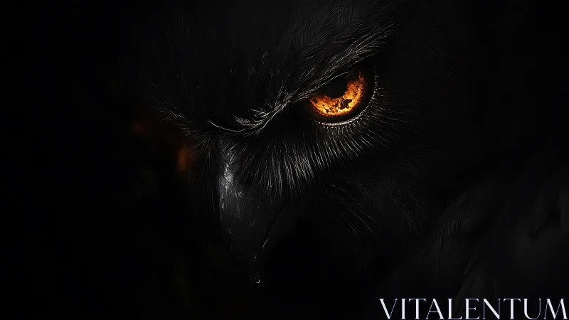 Predatory owl eye burns through dense surrounding darkness