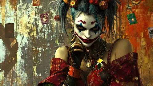 Clown makeup woman in punk attire against textured backdrop.