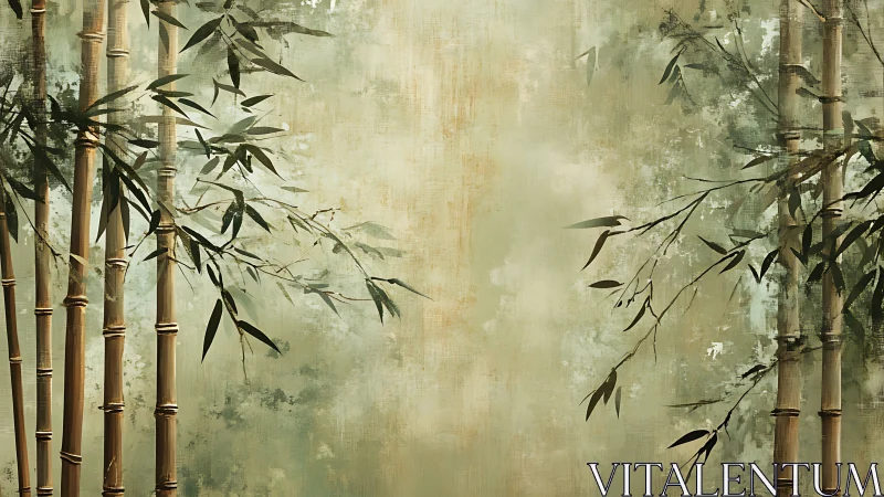 Vertical bamboo stalks on muted textured background.