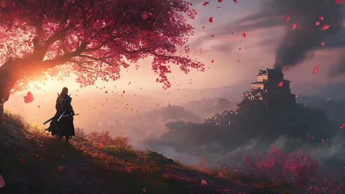 Lone dusk ronin under burning sakura skies of reckoning.