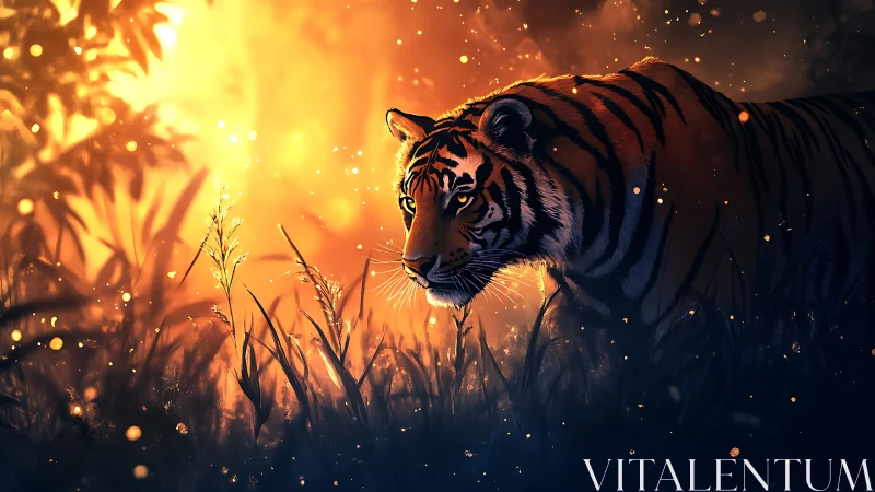 Majestic tiger stalks through glowing twilight jungle scene.