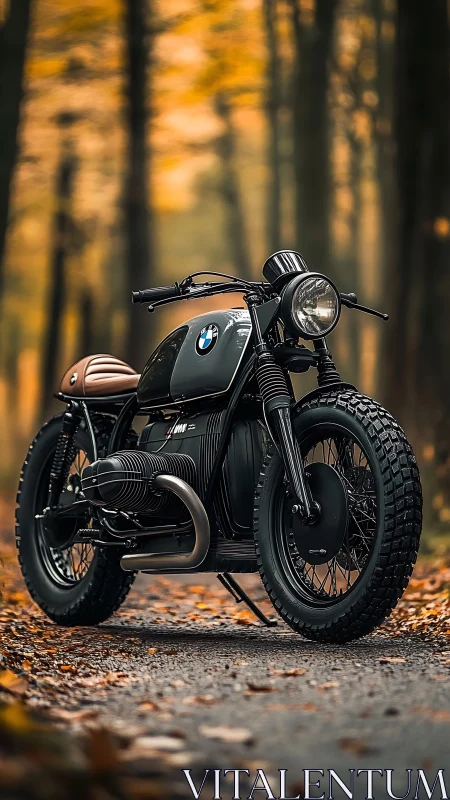 Photorealistic BMW cafe racer in autumn woodland setting.