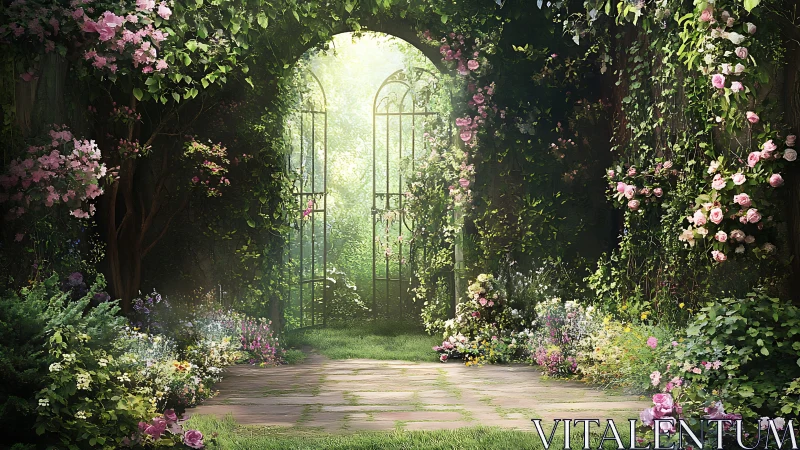 Garden archway frames sunlit iron gate amid dense flowers