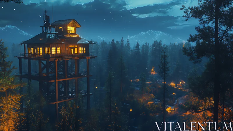 Forest watchtower glows above lantern-lit mountain valley.