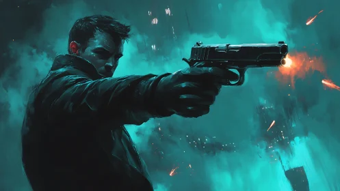 Man fires handgun in teal-lit urban environment at night