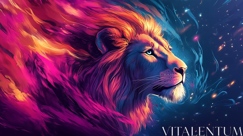 Digital neon lion profile in abstract cosmic environment.