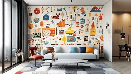 Colorful abstract mural energizes modern minimalist living room