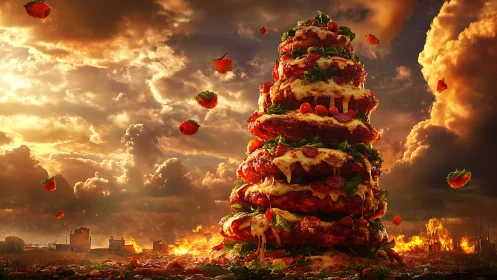 Colossal pizza tower claims the burning sunset horizon