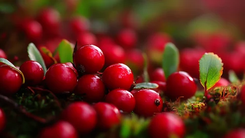 Close-up view of red berries on forest ground surface.