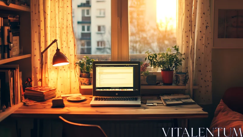 Golden hour home office glows around a focused laptop screen.