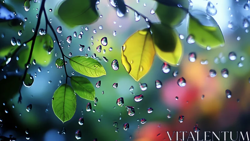 Green leaves and raindrops on glass with blurred background.