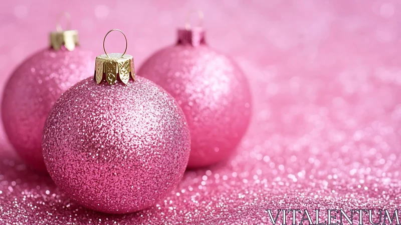 Macro close-up of glittered pink Christmas baubles on bokeh field.