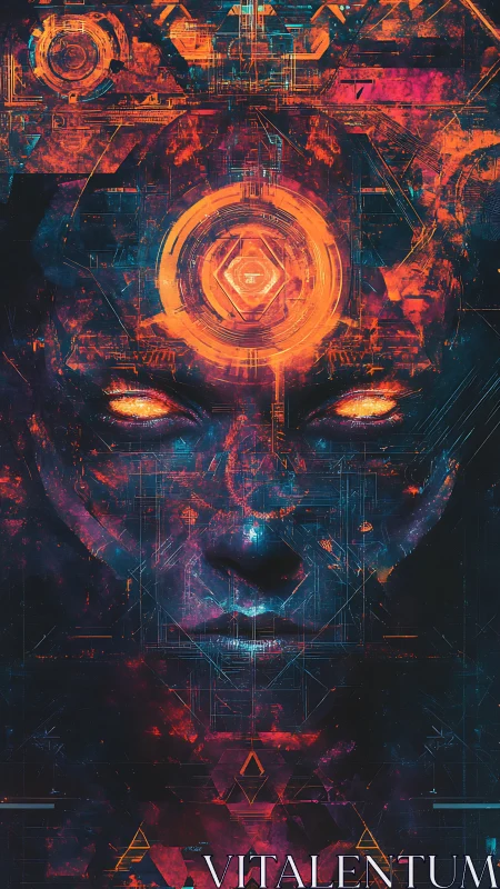 Cybernetic face with glowing geometric halo and eyes.