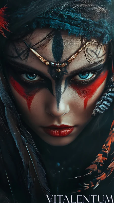 Warrior woman’s fierce painted gaze burns through the shadows