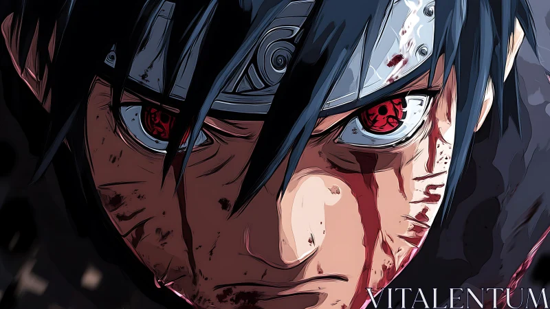 Bloodlit warrior glare with steel headband and haunted eyes.