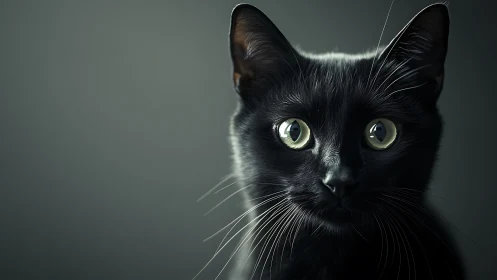 Black Cat with Luminous Eyes Against Neutral Background.