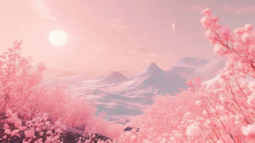 Pastel celestial valley under twin suns and cherry blooms.