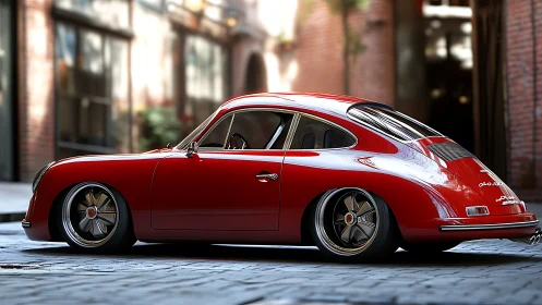 Vintage red coupe rendered with glossy street reflections.