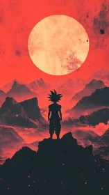 Silhouetted warrior under oversized apocalyptic lunar disc.