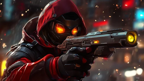 Hooded cyber vigilante with glowing eyes in neon night.