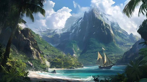 Mountain Valley Harbor with Sailing Vessel