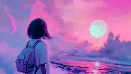 Figure with backpack facing dual moons over pink seascape.