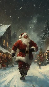 Santa running through snowy village on Christmas Eve.
