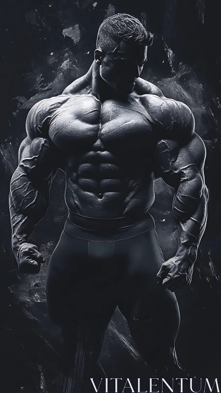 Hyperreal muscular male silhouette stands in dramatic shadows