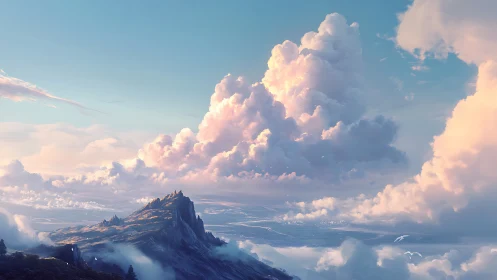 Sunlit alpine ridge below towering pastel cumulonimbus clouds.