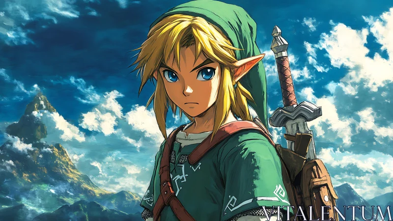 Elf warrior stands alert before distant mountain range