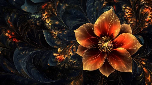 Luminous fractal flower blooms against swirling dark foliage