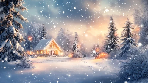 Cozy winter cabin glowing softly in a snowy forest evening.