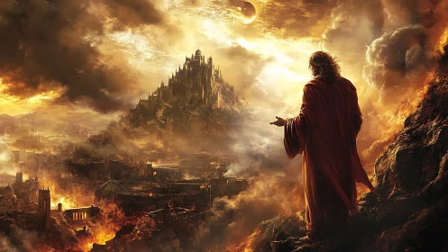 Prophet of embers studies a burning citadel beneath eclipsed skies