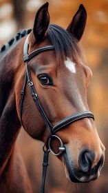 Warm light on bay horse portrait with braided mane details.