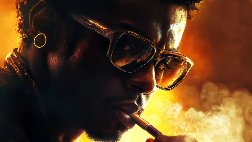 Portrait shows side-lit figure wearing glasses and smoking