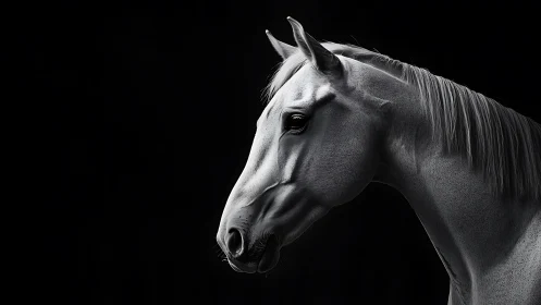 White horse portrait in dramatic monochrome side light.