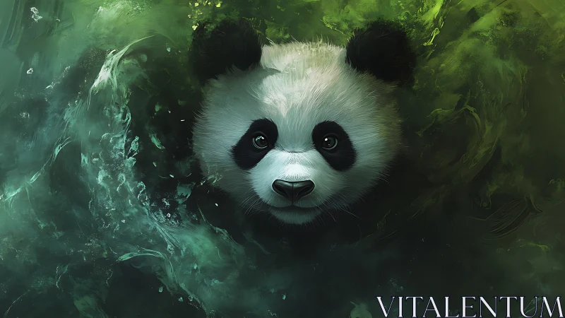 Panda portrait emerges through swirling emerald water. Period.